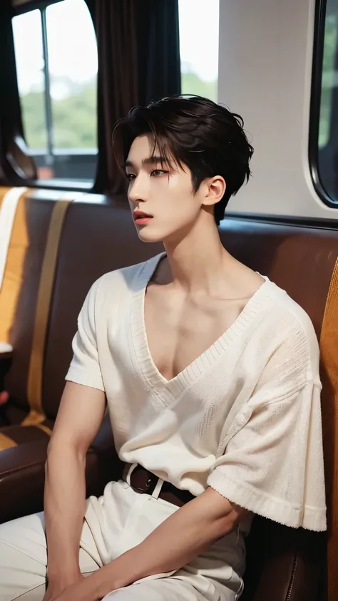 Model Description: Wonoo Seventeen, A young, athletic Korean male model in his mid-20s with short, styled black hair that is slightly tousled. His features are sharp, with high cheekbones, a defined jawline, and expressive dark brown eyes. He has a lean, m...