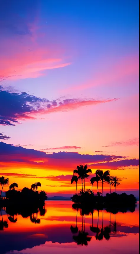 A tropical scene, has a beautiful sunset with a lake and palm trees in the background, Colorful sky, Surreal colors, Colorful sunset, Colorful sky, Beautiful sky reflection, Beautiful sky,  DREAMY ATMOSPHERE 8k , Colorful clouds, Colors reflected in the la...