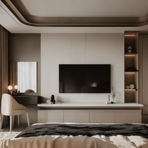 a view of a bedroom with a bed, a desk and a television, modern and minimalist, bed room, luxury hd render, serene bedroom setting, low details and clean lines, high-quality render, popular interior design style, bedroom interior, simple ceiling, inside of...