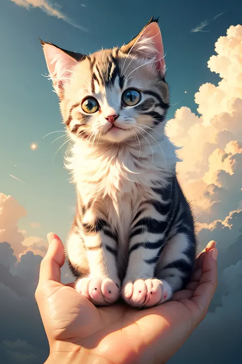 cute animal kitten　Fluffy　pink glitter background　In the clouds