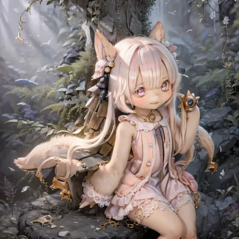 in the garden, smile, similar to chi from made in abyss.   forest setting  , beautiful eyes and lips.  (((chibi style,))) . the ...