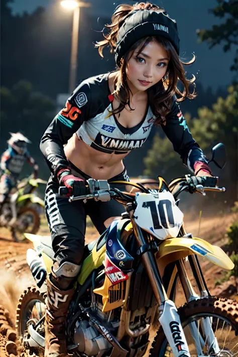 yamaha xt250, motocross race, cute girl, brown skin, abs, night riding, motocross wear, motocross boots, driving with dust rolle...