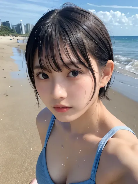 Best quality,raw photo,19 years old Japanese female idol, face closeup ,face foucs,selfie , POV,lying on beach,wet,armpits,bandeau top,puddle,Short hair, bowl cut ,cute face  ,skinny body, cleavage, clavicle,,Sweat , wet ,petite ,flat chest, shower