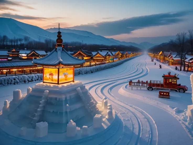  An A3 sized winter landscape in Northeast China ，In the foreground is the Tohoku Tiger ice sculpture， The background is a traditional street vendor selling roasted corn and sweet potatoes。 soft warm lighting ，Realistic style， captures the essence of winte...