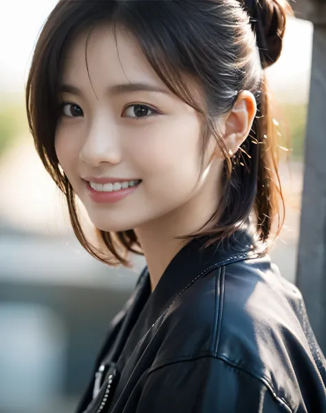 ((Hair Bun:1.3,lewisleathers doubleriderjacket,  white camisole、Expressionless、Beautiful Japanese people々woman、cute、 small breasts))、Graduation Ceremony、university student、22 years old、Hair tied up、1people々、  A portrait of a very beautiful Japanese idol 、 ...