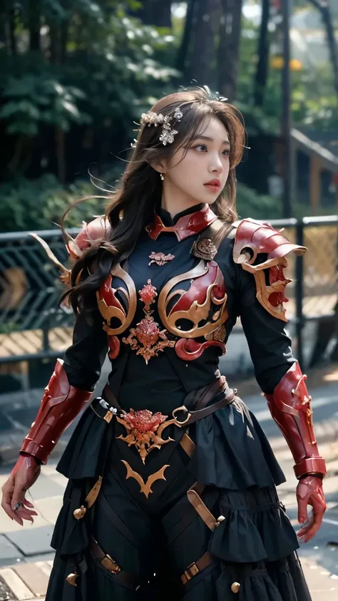 A Malay girl wearing a adorned in a biomimetic fantasy-style armor, the predominant black color is accented with red textures in the design this character embodies a finely crafted fantasy-style armored warrior design in anime, ((character concept art)), f...