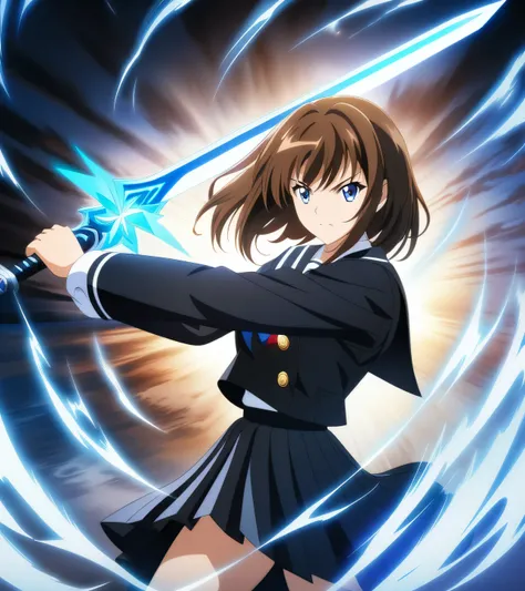  anime girl with a blue lightning sword, Move fast with all your strength 、 anime epic artwork ,   Anime Fantasy Illustration  ,  anime fantasy artwork , digital art anime ,  anime style digital art wearing black school uniform , Female Action Anime Girl, ...