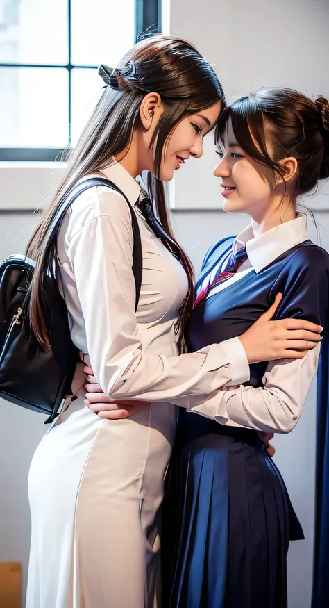 romance students, two girls students in school uniform, lesbian couple, tall and thin, beautiful, alumnaxalumna, classmates