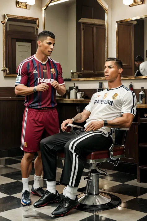 "Generate a hyper realistic image of Cristiano Ronaldo , wearing his football team jersey , skillfully cutting messi hair in a classic  vintage -style barbershop.
The scene should capture fine details like the barber tools in hands, the expression on both ...