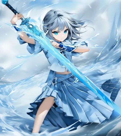  Girl with Blue Lightning Sword。, Move fast with all your strength 、  Dramatic Sword Stance , brandishing powerful sword,  Advanced Digital Watercolor Art , the flow of air appears to vibrate along the flow of the sword,fine lightning appears around the wa...