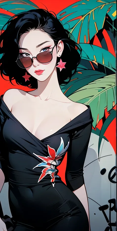 woman in a dress standing in front of simple background, up close, ((Art style by Patrick Nagel)), ((8k, wallpaper, detailed)), dark sunglasses, korean pop-star, black hair, pretty hands, fringe, simple red background, palm trees, (graffiti wall:1.2), stro...