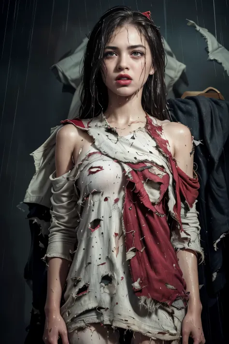 Best picture quality, masterpiece, ultra high resolution, (fidelity :1.4), photo, 1 girl, Red lips,[(sadness)],pink shirt, Dim, dark, desperate, pitying, pitiful, cinematic,tear,teardrop,(Torn clothes:2.2), (Wet clothes:1.4), bare shoulders,Real rain,wet h...