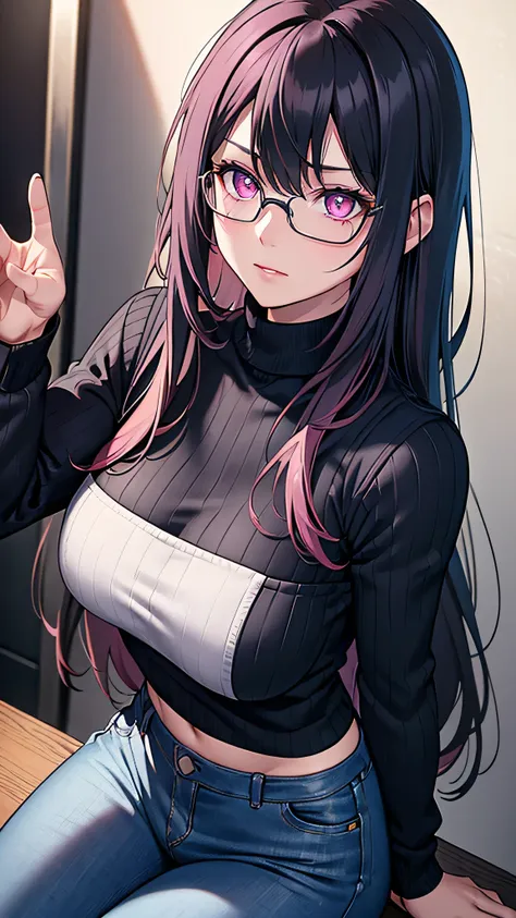 Upper body, (random porn pose),(Highest image quality,(8k),ultra-realistic,best quality, Long Black Stright hair with Bangs, Wearing Glasses, high quality, ((Pink Eyes)), Small breast, high definition, Pink eyes,  high quality texture,high detail,beautiful...