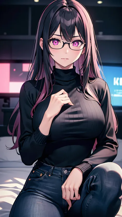 Upper body, (random porn pose),(Highest image quality,(8k),ultra-realistic,best quality, Long Black Stright hair with Bangs, Wearing Glasses, high quality, ((Pink Eyes)), Small breast, high definition, Pink eyes,  high quality texture,high detail,beautiful...