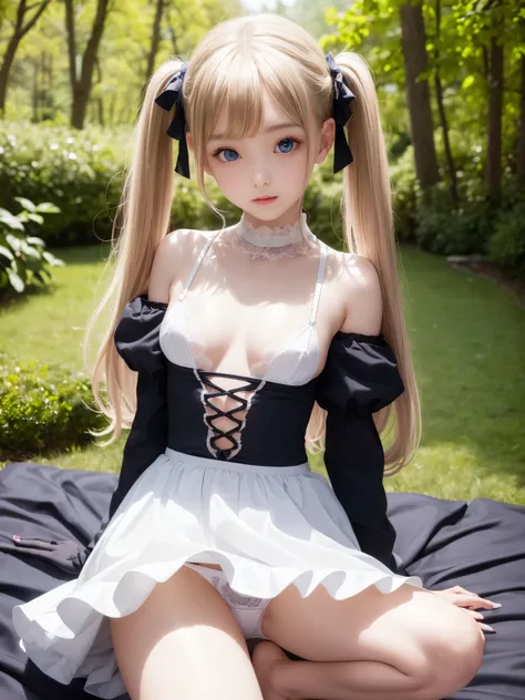 ((masterpiece)), ((highest quality、Ultra high definition)), (Very detailed),8k、Photo quality、((Amazingly cute girl))ld girl)), Two people, , (Beautiful emerald blue eyes), ((smile)),Deep in the autumn forest, Beautifully arranged blond hair in twin tails、w...