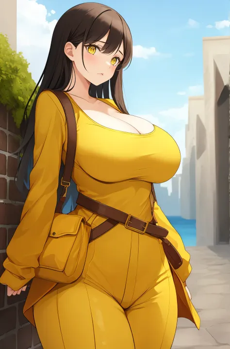 masterpiece, best quality, 1girl, large breasts, outdoors, yellow outfit