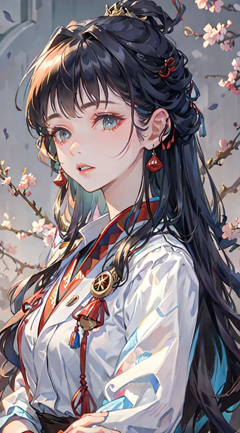   pretty girl from ancient China,  long black hair ，Red pupils， temperament ,  long rose red dress ,  huge camellia , Standing under the tree, Sunlight, Clear face, masterpiece,   super detailed , Epic Works,  high quality , 最 high quality , 