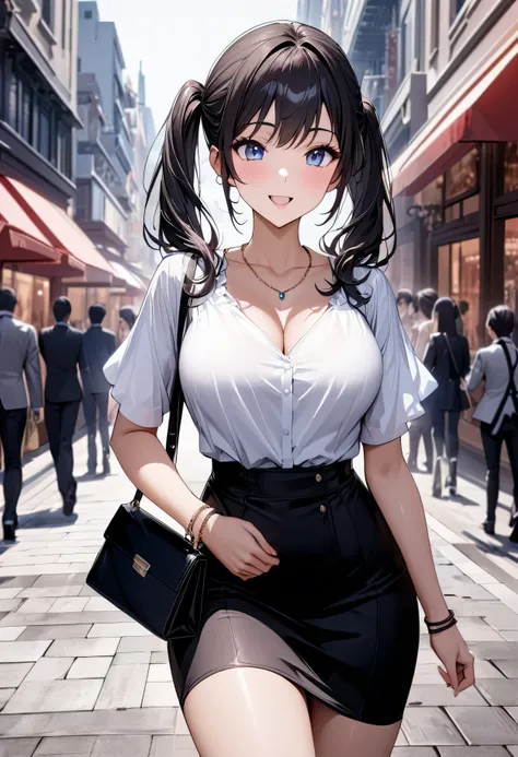 Best Quality、Ultra-precision、Detailed drawing、 vibrant colors、Beautiful girl 、Age 30、Woman walking in the city、 black business suit 、blouse、Skin gloss、Beautiful big boobs、Beautiful figure、 ponytails、 handbag 、A very ecstatic smile、 slender figure、Accurate ...