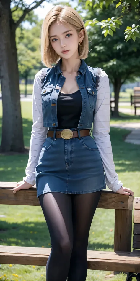 Android 18, Light Blonde hair, Medium Bob hair, Blue eyes, Wearing earrings, Long sleeves with black stripes on a white background, Blue denim mini vest, Blue denim mini skirt, The denim skirts zipper seam line and stitching run vertically straight to the ...