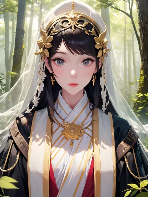  ，Good figure， Closeup ， emphasizes body curves ，Clear facial features， Details of the faces and divine bows of famous characters ，The overall style is dreamy， The background is an ancient forest ， tall and dense trees ， the sun shines through the leaves, ...