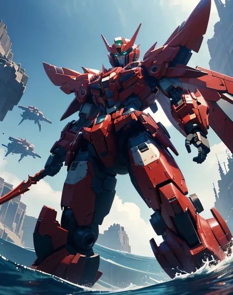 masterpiece, Best Quality, (( dynamic movement)), (red giant robot, Blue Chest, streamlined armor ), ( rendered in Unreal Engine 5 , Black Octane Rendering, Super detailed with octane rendering , rendered with 8K Unreal Engine , rendered with Unreal Eng...