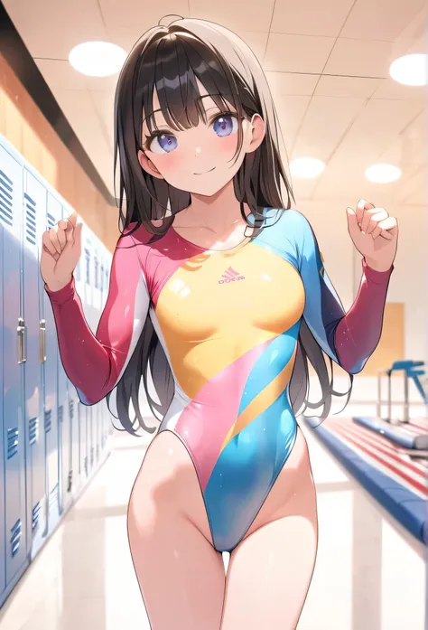 highquality illustration, masterpiece, very delicate and beautiful, attractive girl,((gymnastics leotard,long sleeve leotard,high_leg leotard,long sleeve leotard,tight-fit leotard,athletic leotard,athlete leotard)),thin,slender body,slim,high school,locker...