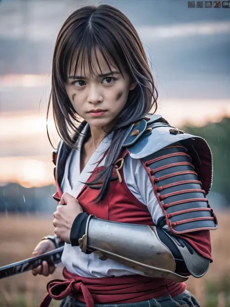 (Close up portrait of one slender small breasts round face brown short hair with bangs girl in a green colored dirty bloody samurai armor in Japan at raining:1.5)、(One girl makes fighting pose and hold Japanese traditional white blade sword on hand under t...