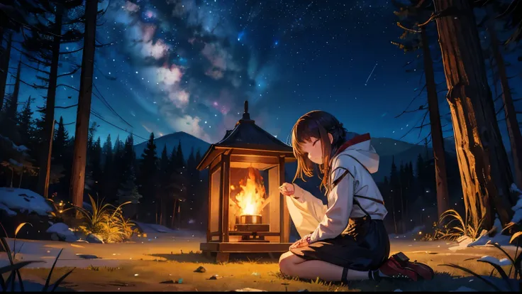 「A starry night sky and deep forest in the background、A slightly tired young female hunter sits in the center 。There was a small fire burning in front of、 The figure of the hunter illuminated by that light is depicted in a photorealistic way。」