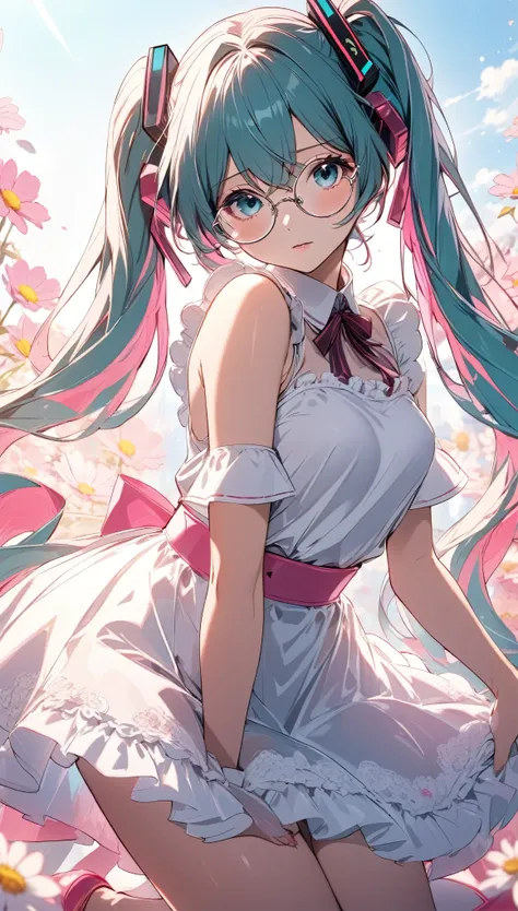 （( Hatsune Miku:1.8))、((masterpiece,Best Quality, ultra high resolution))、(((Sexy 25 Year Old Woman )))、（Anime face、delicate、 dynamic、Healthy Body）、（Height: 160cm）、(( Anatomically Correct Body ))、（Small Breasts:0.2）、（Focus on the face、 full body view）、（Blu...