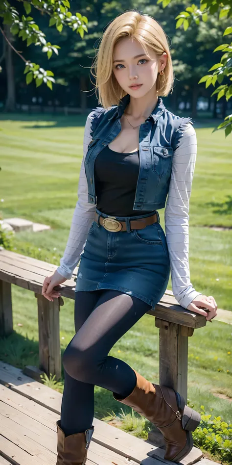 Android 18, Light Blonde hair, Medium Bob hair, Blue eyes, Wearing earrings, Long sleeves with black stripes on a white background, Blue denim mini vest, Blue denim mini skirt, The denim skirts zipper seam line and stitching run vertically straight to the ...