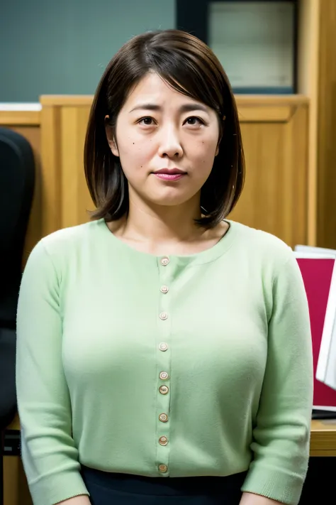 35 years old,one woman,office lady,standing,tall of a person,plump body,thick eyebrows,ugly,mole,crying,bob hair, hair, eyes,from front,in the office,high quality,dslr,highly detailed,japanese,adult woman