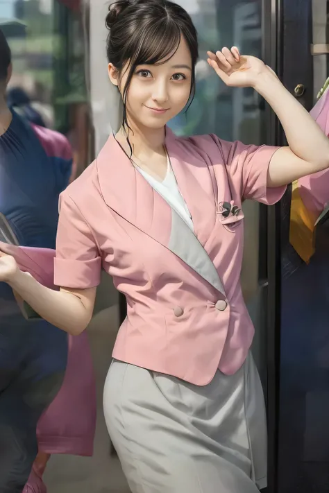 (masterpiece:1.2, Best Quality:1.2), 32kHDR, Hi-Res, (Alone、 1 girl)、(Rooftop of a building during the day、Professional Lighting)、With the roof of the building in the background 、(Nankai train crew uniform pinkを着たリアルスタイル)、(Nankai Electric Railway crew uni...