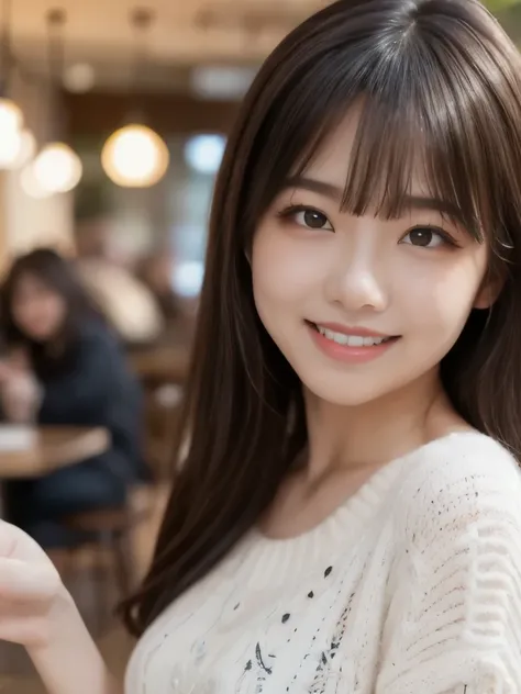 8k、Best Quality、Ultra Wide Angle Monofocal Lens  、(Representative Works:1.2)、( Genuine)、( Genuine:1.37)、  one high school girl、  shake hands with a big smile on your face、  beautiful alignment of teeth 、Well-formed fingers、Thinner eyebrows 、 at the coffee ...