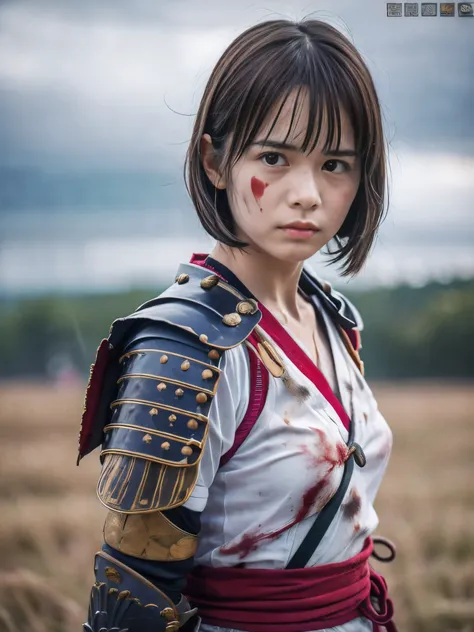 (Close up portrait of one slender small breasts round face brown short hair with bangs girl in a green colored dirty bloody samurai armor in Japan at raining:1.5)、(One girl makes fighting pose and hold Japanese traditional white blade sword on hand under t...