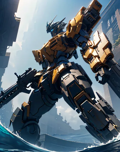 ((masterpiece, Best Quality)), (( dynamic movement, Im holding a gun with my arm raised)), (Giant Golden Robot , Blue Chest, angular armor), ( rendered in Unreal Engine 5 , Black Octane Rendering, Super detailed with octane rendering ,  rendered with 8K Un...