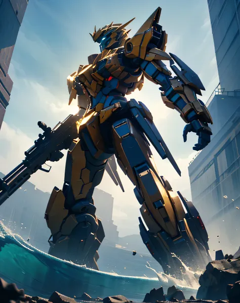 ((seaを割って現れる)), ((masterpiece, best quality)), (( dynamic movement,  holding a gun with raised arms)), (giant golden robot, blue...