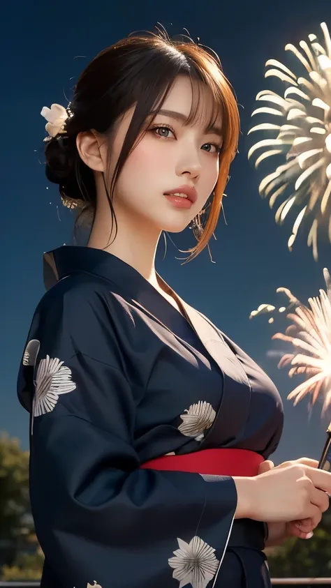 8k,Best Quality,(masterpiece:1.2),(Realistic),(Realistic:1.37), ultra high resolution, one young woman ,((smile)),  knight ,Big Breasts,  beautiful eyes , festival venue,((( fireworks are launched into the sky ))),(((  knight ))),(((Yukata))), perfect body...