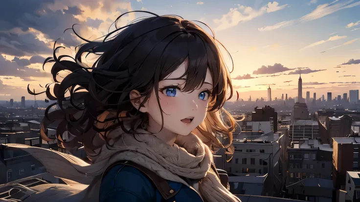 (atmospheric perspective, 4k, (sharpness), super detail, accurate, best quality, windy), a woman wearing winter clothes, (looking away), drooping eyes, sunset, urban, downtown, sky, clouds, closeup her side face, aerial angle, curly hair,