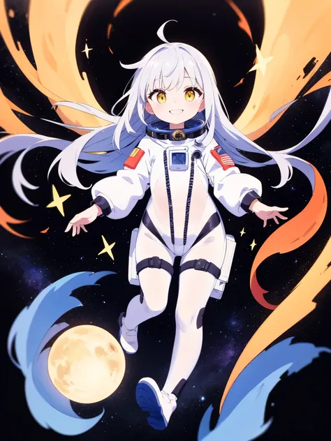  Silver Hair、 long hair、 yellow eyes、smile、Space Suit、Shows the whole body、 simple background、Floating in the air