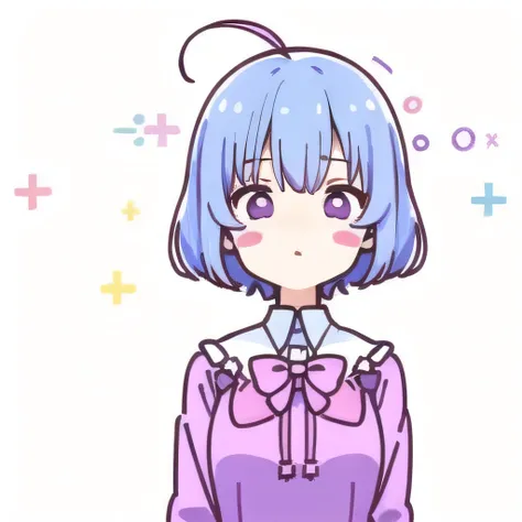 (masterpiece), (Best Quality), Sakura VRC,  1 girl, Alone,  short hair, Light blue hair, purple eyes,  light blue school uniform, breast,  Stickers, Rough Lines, vector, Simple,  flat illustration ,  mascot, cartoon,  plain background, Confetti, My cheeks ...