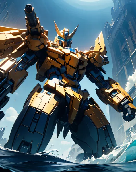 ((seaを割って現れる)), ((masterpiece, best quality)), (( dynamic movement,  holding a gun with my arm raised)), (giant golden robot, bl...