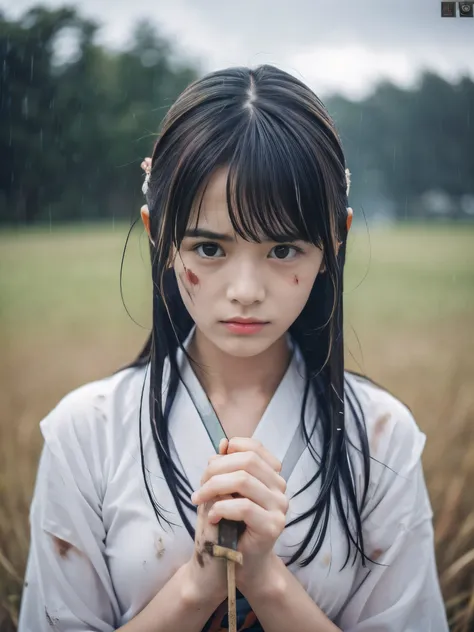 (Close up portrait of one slender small breasts dark silver long hair with swept bangs girl in a silver colored dirty bloody samurai armor in Japan at raining:1.5)、(One girl hold her white blade sword over her head with both hands under the raining sky on ...