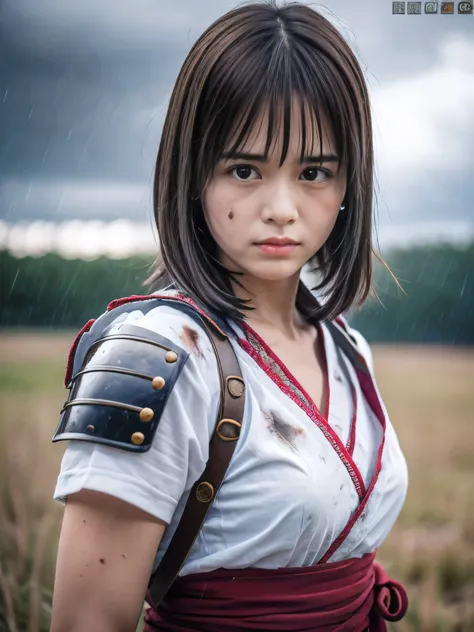 (Close up portrait of one slender small breasts round face brown short hair with bangs girl in a green colored dirty bloody samurai armor in Japan at raining:1.5)、(One girl hold Japanese traditional white blade sword on hand and makes fighting pose under t...