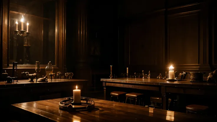 taxidermy lab, 1800s furniture, mysterious ambient lighting, candles, steel table, vivisection, blood