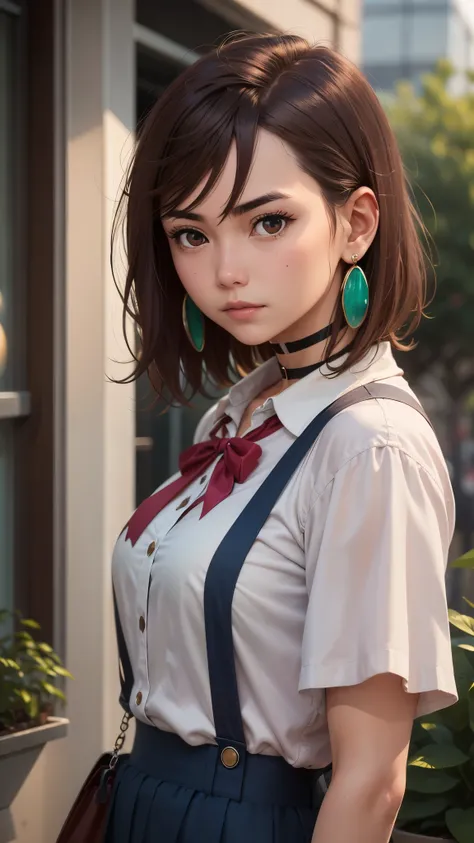 a young woman (Ayase, Momo, Dandadan) stands in the center of the frame, facing the viewer, she has brown hair cut into a short bob and is wearing a white shirt with a large red bow tie and a black choker around her neck, her brown eyes are looking directl...