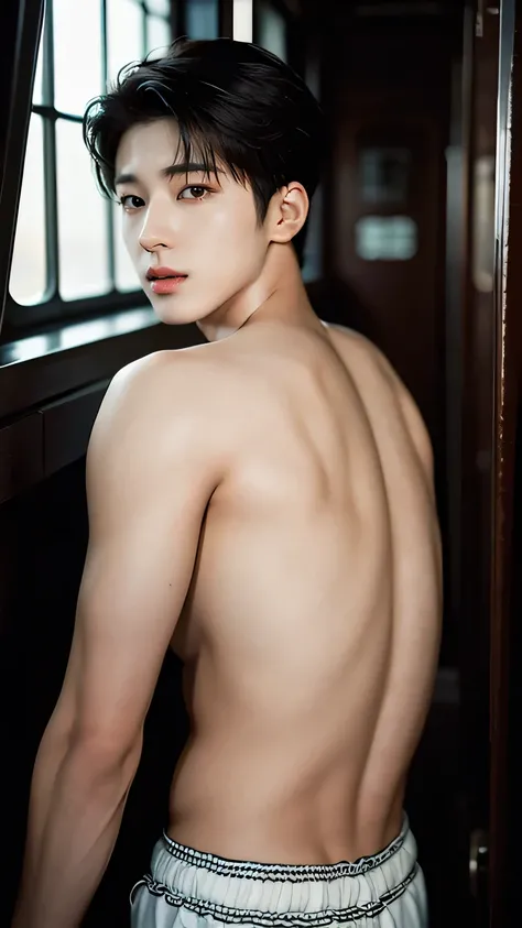 Model Description: Wonoo Seventeen,A young, athletic Korean male model in his mid-20s with short, styled black hair that is slightly tousled. His features are sharp, with high cheekbones, a defined jawline, and expressive dark brown eyes. He has a lean, mu...