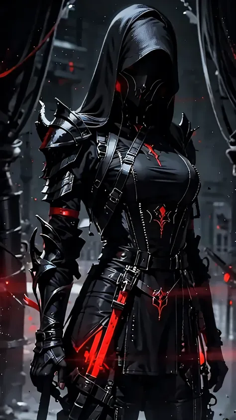 woman, ultra high details, armor, dark fantasy, grim background, bloom, assassin, red glowing eyes, dark environment,