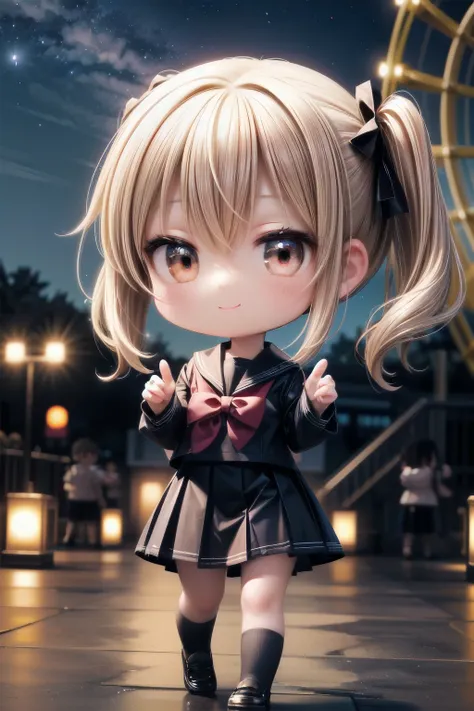 (Chibiキャラ、Chibi美少女、3DCG、Chibi:1.4)、(Best Quality、masterpiece、 super quality、 ultra high resolution)、( dynamic actions、whole body、Beautifully detailed hands and fingers、Beautifully detailed brown eyes 、smile)、(1人のChibi女子高校生、 medium brown hair )、( sailor sui...