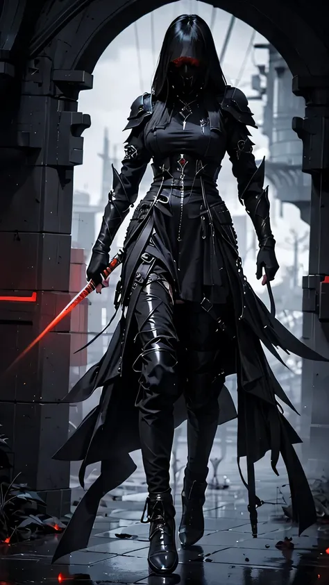 woman, ultra high details, armor, dark fantasy, grim background, bloom, assassin, red glowing eyes, dark environment, walking,