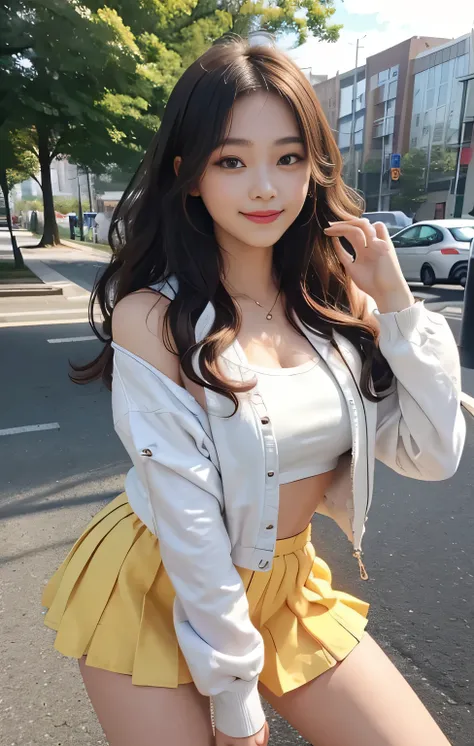 Best Quality、masterpiece、 ultra high resolution、 photorealistic、 RAW Photos、 1 girl、 sexy looks、 hair up to the shoulders、 lower body curls and wild 、モデルのような cute smile、front、 hair color is blonde 、Autumn Coordination、White jacket、 yellow tight miniskirt 、...